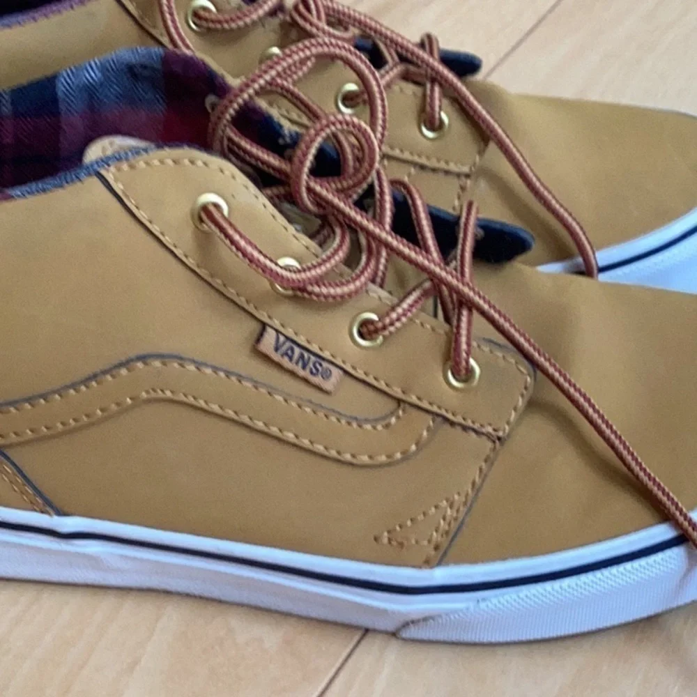 Vans youth mustard yellow with red plaid interior shoes. Size 4.5